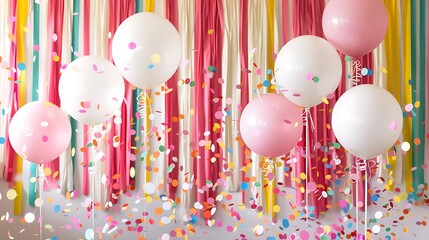 Party decor with fringe paper balloons poms and confetti