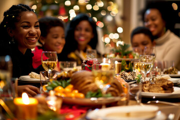 a multicultural family enjoying a holiday dinner, with traditional dishes and festive decorations on the table
