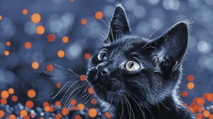  A black cat in tight focus, gazing past the scene; orange and blue lights blurred background, in...