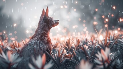  A dog stands in a rain-soaked grass field, head upturned, rain dripping off ears toward the sky
