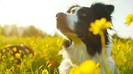  A tight shot of a dog reclining in a flower-filled meadow, bathed in sunlight, with vibrant blooms before it