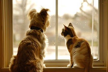 A heartwarming image of a dog and a cat looking out the window together, showcasing their strong bond and companionship. It exudes feelings of love and trust.