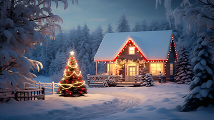 Snowy Cabin with Christmas Lights