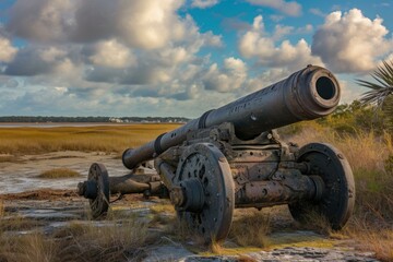 Antique military cannon overlooking serene marshland under a dramatic cloudy sky
