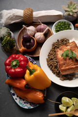 Lentils with fried fish Buffet table full of lunch assorted dishes Peru Peruvian food