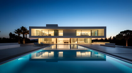Elegant Modern Home with Swimming Pool at Sunset