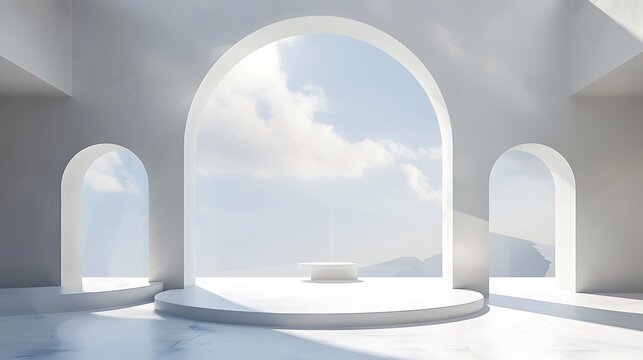 Product setting podium white abstract minimalistic geometry with arches minimal light interior object placement abstract room and sky windows