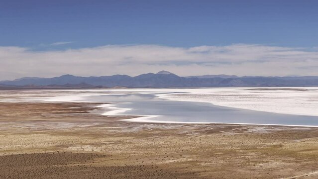 Aerial Drone Flyover At Salinas Grandes of Jujuy and Salta Provinces, Argentina.