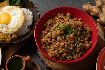 Chaufa Chineses style fried rice Buffet table full of lunch assorted dishes Peru Peruvian food