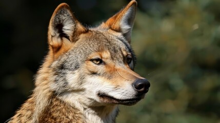  A tight shot of a wolf's face, backed by a forest in a gently blurred background