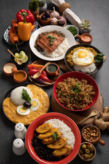 Buffet table full of lunch assorted dishes Peru Peruvian food