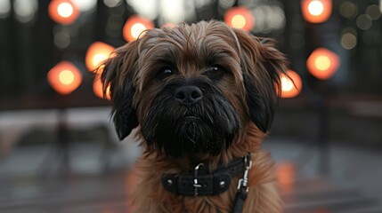  A tight shot of a dog on a leash against a background of a distant light, with a soft, blurry foreground illumination