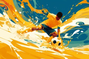 Abstract soccer player in action on a dynamic yellow splash background