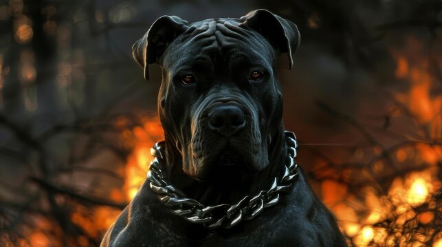  A tight shot of a dog wearing a chain collar, with a fire burning in the distance behind trees - Powered by Adobe