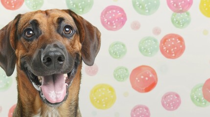  A tight shot of a dog with its mouth agape and tongue protruding against a vibrant, multi-colored backdrop adorned with circles of dots