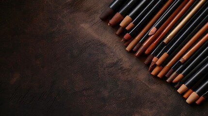 An assortment of contour and highlight sticks arranged in a diagonal line on a dark brown surface