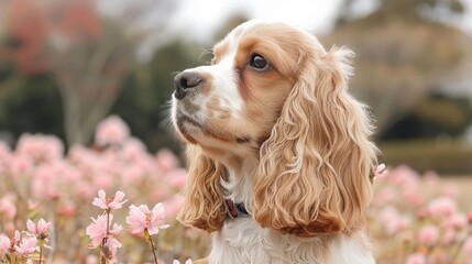  A tight shot of a dog amidst a flower field, surrounded by a hazy backdrop of trees and bushes Foreground features a vague scattering of pink blooms