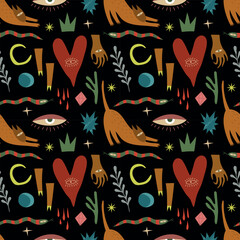 Mystical seamless pattern with cyclops, cat, hands, stars, plants and abstract elements. Vector. For sketchbook cover, shopping bag, phone case