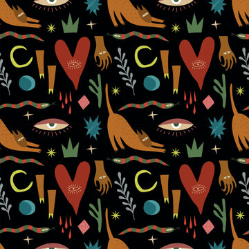 Mystical seamless pattern with cyclops, cat, hands, stars, plants and abstract elements. Vector. For sketchbook cover, shopping bag, phone case