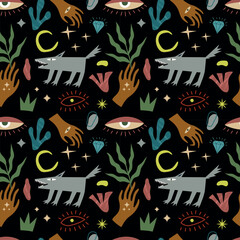 Mystical seamless pattern with wolf, hands, stars, plants and abstract elements. Vector. For sketchbook cover, shopping bag, phone case