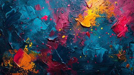 Grunge background with vibrant paint splatters on a distressed canvas, dynamic and artistic