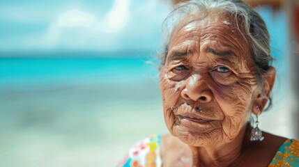portrait of a grandmother on the paradise beach during the day in summer with blurred background in high resolution