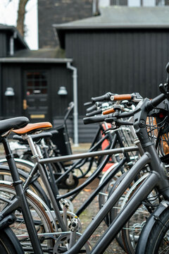 Row of parked contemporary stylish bikes 