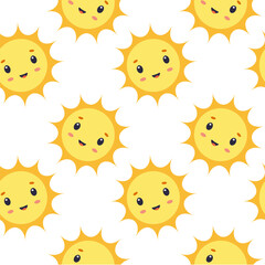 Summer seamless pattern with cute cartoon sun on white background. Summer children's background. Design for textiles, wrapping paper, notebooks, notepad.
