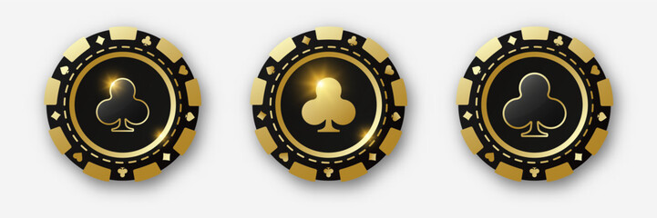 Clubs suit chips. Set of gold and black and poker chips. Gambling tokens with suits for poker and casino and roulette. Vector illustration. For game design, advertising web banner and poster.