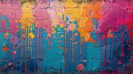 Grunge splatter background featuring colorful paint drops on a worn, textured surface, vibrant and artistic