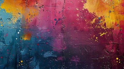 Grunge splatter background featuring colorful paint drops on a worn, textured surface, vibrant and artistic