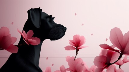  A black dog holds a pink flower in its mouth, situated before a pink wall The dog also displays another pink flower