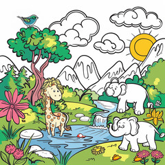 Elephant and Giraffe by the river coloring page. Jungle scene with animals coloring printable