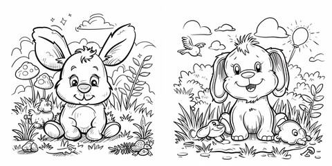 Sweet little bunny and puppy coloring book page. Cute baby animals coloring page