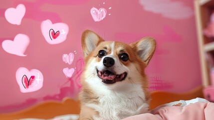  A brown-and-white dog lies on a bed against a pink heart-adorned wall, while another pink wall smiles behind it at the camera