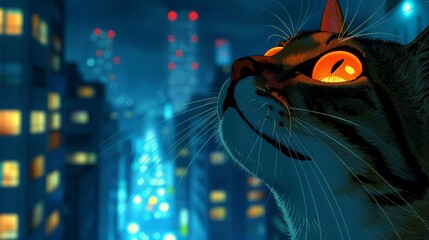  A tight shot of a cat in urban nightscape, city lights reflecting in the background, cat's eyes gleaming in the foreground