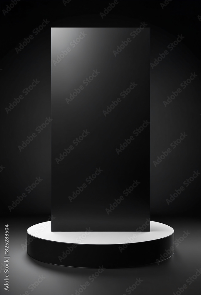 Aufkleber Black podium or pedestal display on dark background with long platform. Blank product shelf standing backdrop. 3D rendering