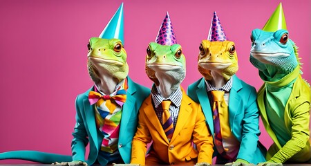 Creative animal concept, Group of lizards in funky, wacky, wild mismatched colorful outfits isolated on bright background, perfect for advertisement, copy space, birthday party invites, and banners