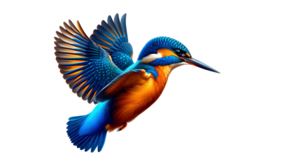 A kingfisher in mid-flight on a transparent background, showcasing its vibrant blue and orange plumage