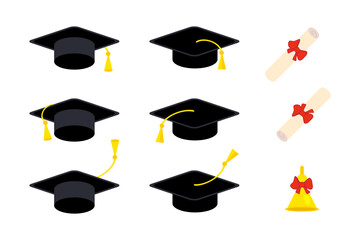 Class of graduation elements collection. Congratulations graduates celebration set for college, high school, university. Tassel and cap hand drawn vector illustration.