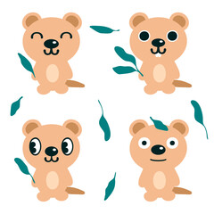 Happy hand drawn australian quokka animal characters collection. Perfect for tee, stickers, poster. Isolated vector illustration for decor and design.