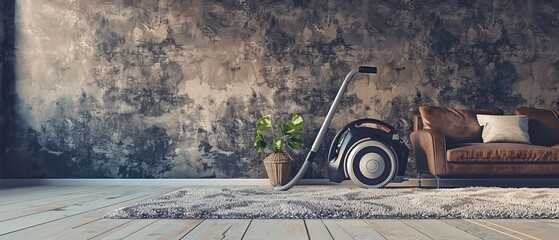 The image shows a retro vacuum cleaner on a carpet in a room with a bare concrete wall and a...