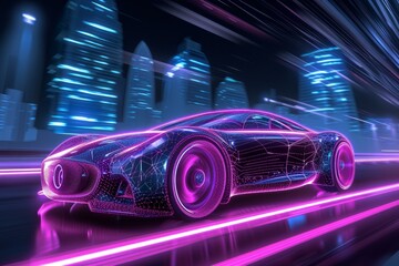 Digital render of a sleek concept car illuminated by neon in a scifi cityscape