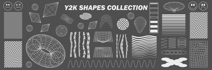 Abstract geometry hud wireframe shapes and patterns, cyberpunk elements, icon s and perspective grid s. Surreal geometric signs. Rave psychedelic futuristic Y2k acid aesthetic set. Vector illustration