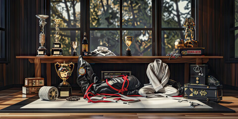 Brazilian Jiu-Jitsu Instructor's Desk: A functional training mat with various martial arts equipment, including a uniform and trophies, reflecting the disciplined lifestyle and expertise