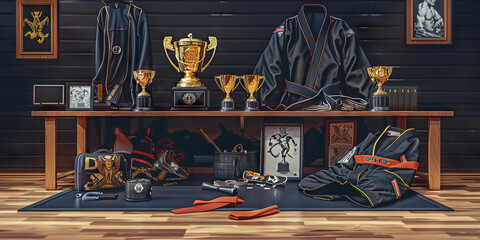 Brazilian Jiu-Jitsu Instructor's Desk: A functional training mat with various martial arts equipment, including a uniform and trophies, reflecting the disciplined lifestyle and expertise