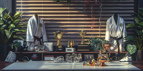 Brazilian Jiu-Jitsu Instructor's Desk: A functional training mat with various martial arts equipment, including a uniform and trophies, reflecting the disciplined lifestyle and expertise