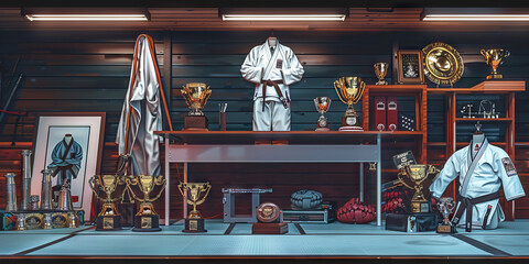 Brazilian Jiu-Jitsu Instructor's Desk: A functional training mat with various martial arts equipment, including a uniform and trophies, reflecting the disciplined lifestyle and expertise