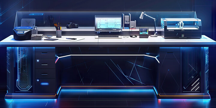 German Engineering Desk: A sleek, modern desk with state-of-the-art technology and precision tools, such as a 3D printer and a CAD program