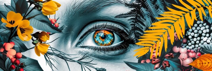 poster collage for the eye of a woman with flowers and nature elements